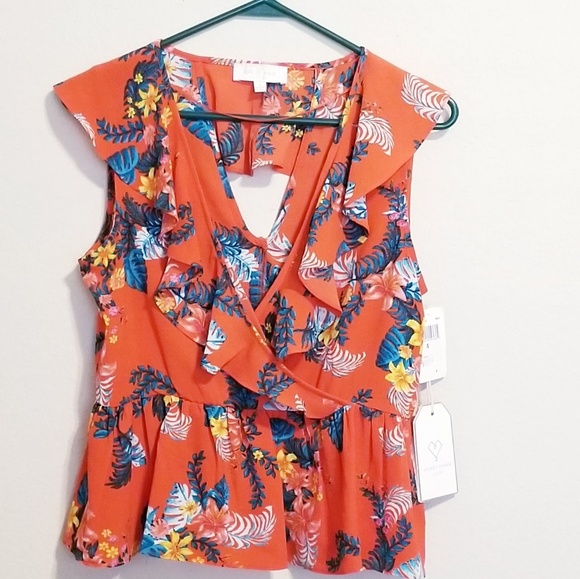Love & Piece Tops - NWT*Love & Piece orange floral ruffle wrap blouse